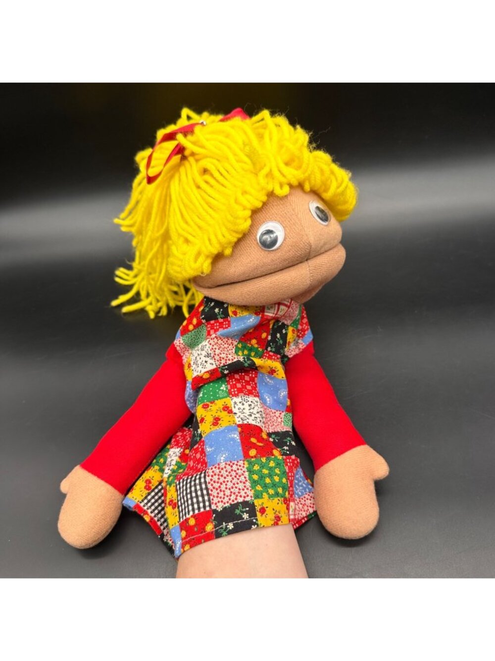 Vintage Hand Puppet Girl Yellow Yarn Hair Patchwork Dress 90s Son Shine Toy Doll